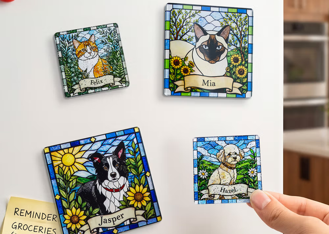 Een kleurrijk eerbetoon op de koelkast: de gepersonaliseerde huisdiermagneet in glas-in-loodstijl
