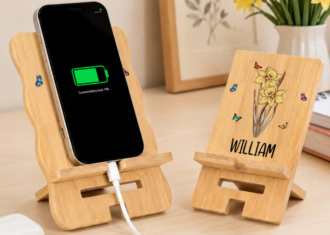 Natuurlijk en functioneel op je bureau: de gepersonaliseerde houten telefoonhouder met geboortebloem