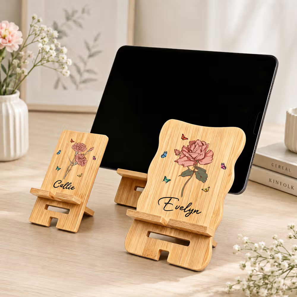gepersonaliseerde houten telefoon en tablet houders