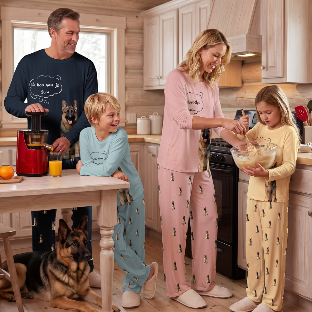 familie met gepersonaliseerde pyjama's