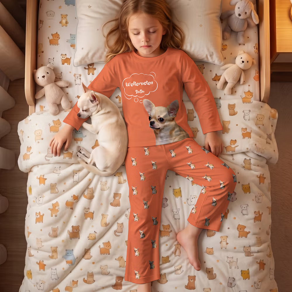 op bed met gepersonaliseerde pyjama