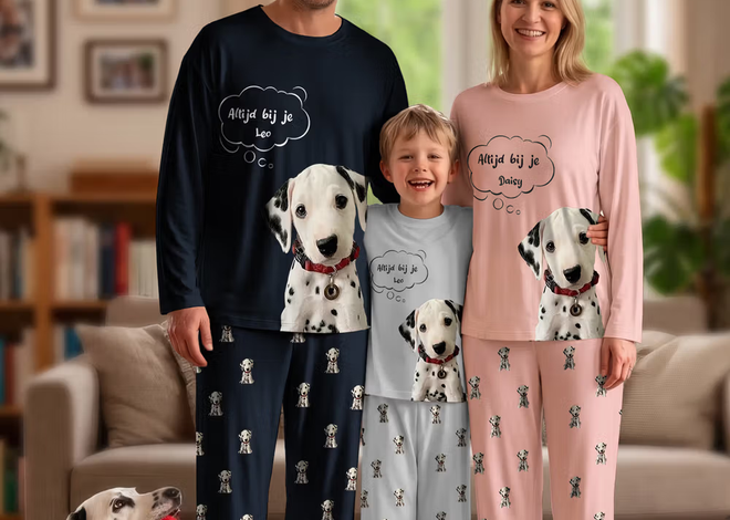 Knus loungen met je viervoeter: de gepersonaliseerde huisdier pyjamaset voor het hele gezin