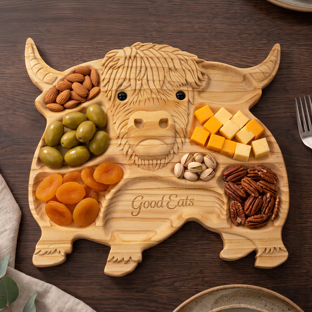 Rustieke charme op tafel: de gepersonaliseerde houten borrelplank met Schotse hooglander