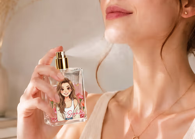Een stijlvolle geurverstuiver op de kaptafel: het gepersonaliseerde glazen parfumflesje met cartoon en geboortebloem