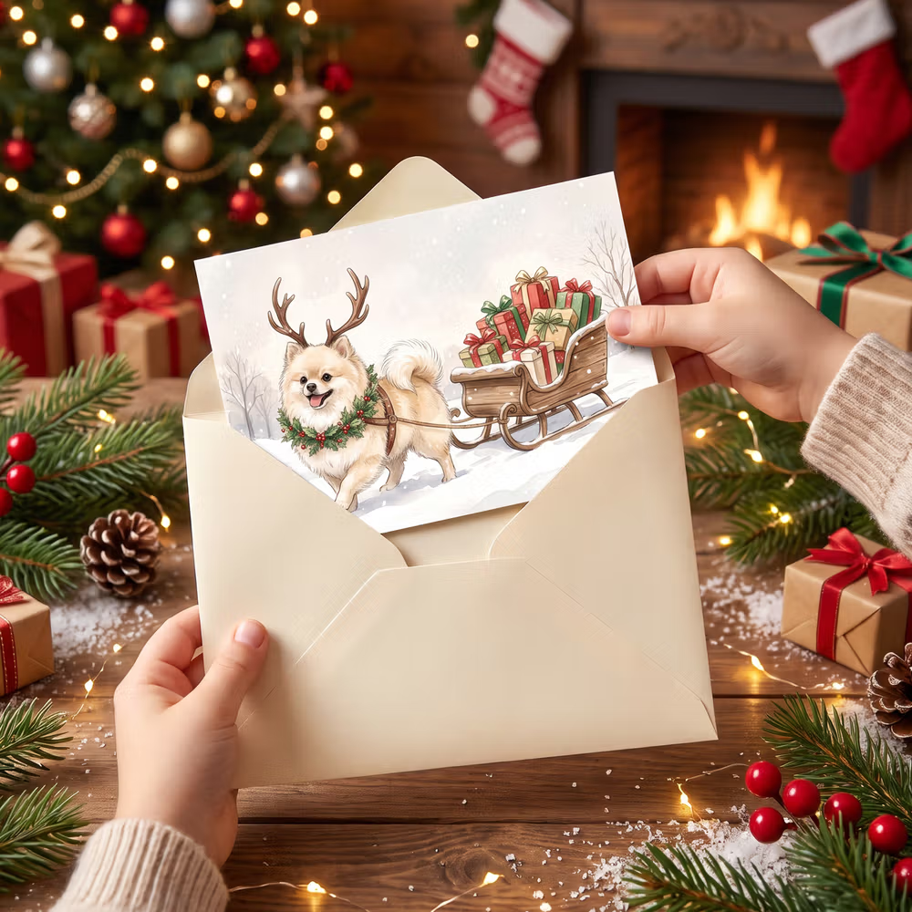 kerstkaart met envelop en hond