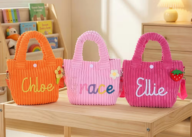 Vrolijk en praktisch op pad: de gepersonaliseerde ribfluwelen crossbodytas voor kinderen