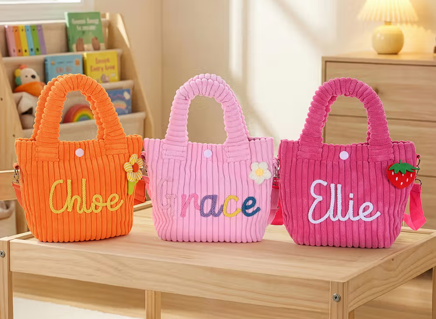 Vrolijk en praktisch op pad: de gepersonaliseerde ribfluwelen crossbodytas voor kinderen