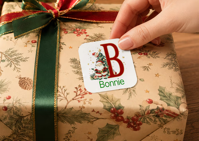 Overzichtelijk en feestelijk inpakken: de gepersonaliseerde kerstcadeaustickers met initiaal en naam