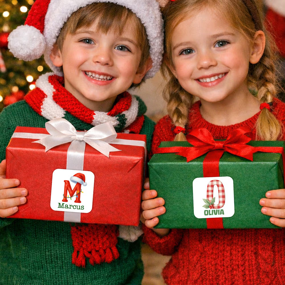 kinderen met kerstcadeaus met kerststickers