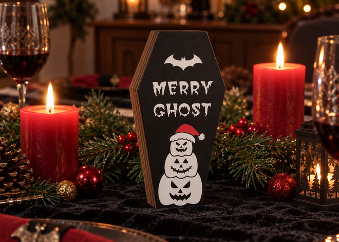 Een duistere twist aan de feestdagen: de gepersonaliseerde houten Gothmas-doodskist met doodshoofdsneeuwpop