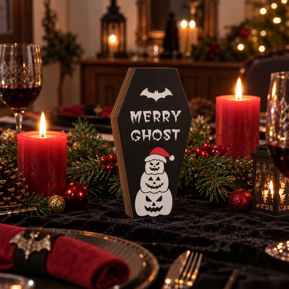 Een duistere twist aan de feestdagen: de gepersonaliseerde houten Gothmas-doodskist met doodshoofdsneeuwpop