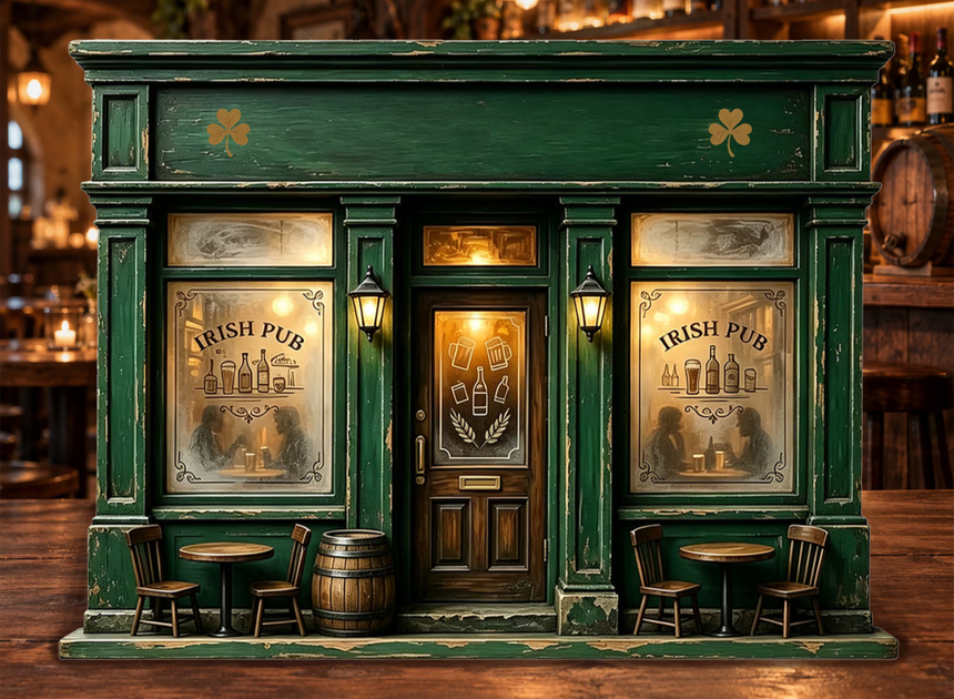 Breng de Ierse pub naar huis: de gepersonaliseerde houten miniatuur-pubgevel met eigen naam en tekst