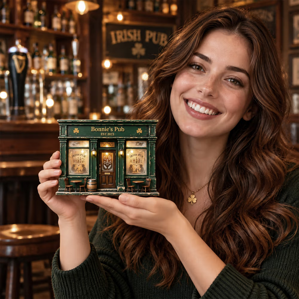 vrouw met Ierse pub-decoratie