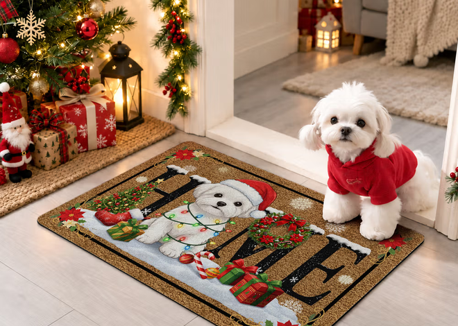 Een feestelijke binnenkomer: de gepersonaliseerde kerstdeurmat met huisdierportret