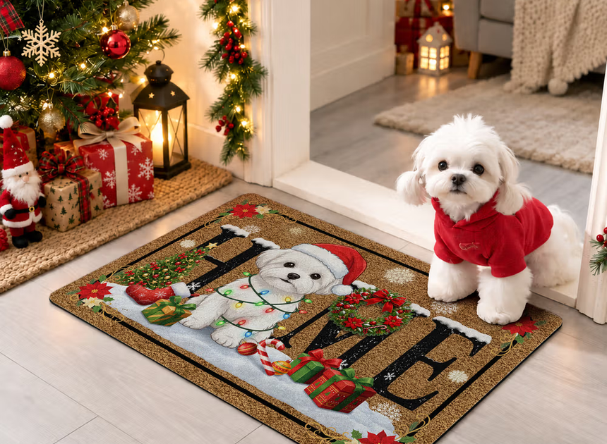 Een feestelijke binnenkomer: de gepersonaliseerde kerstdeurmat met huisdierportret